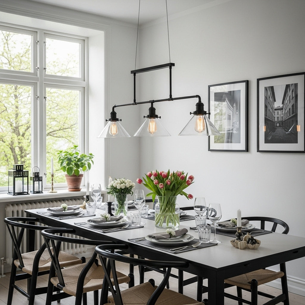 Three linear pendant lights